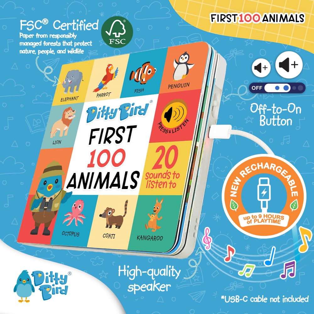 Ditty Bird Sprechende Bücher 100 Tiere | 100 Wörter für Vokabel- und Sprachlernen | Pappbücher für K