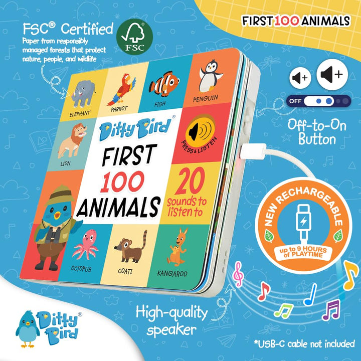 Ditty Bird Sprechende Bücher 100 Tiere | 100 Wörter für Vokabel- und Sprachlernen | Pappbücher für K
