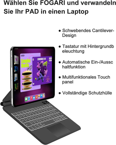 FOGARI Tastatur Trackpad für iPad Air 5/iPad Air 4/iPad Pro 11 - Magic Tastatur QWERTZ mit Hintergru