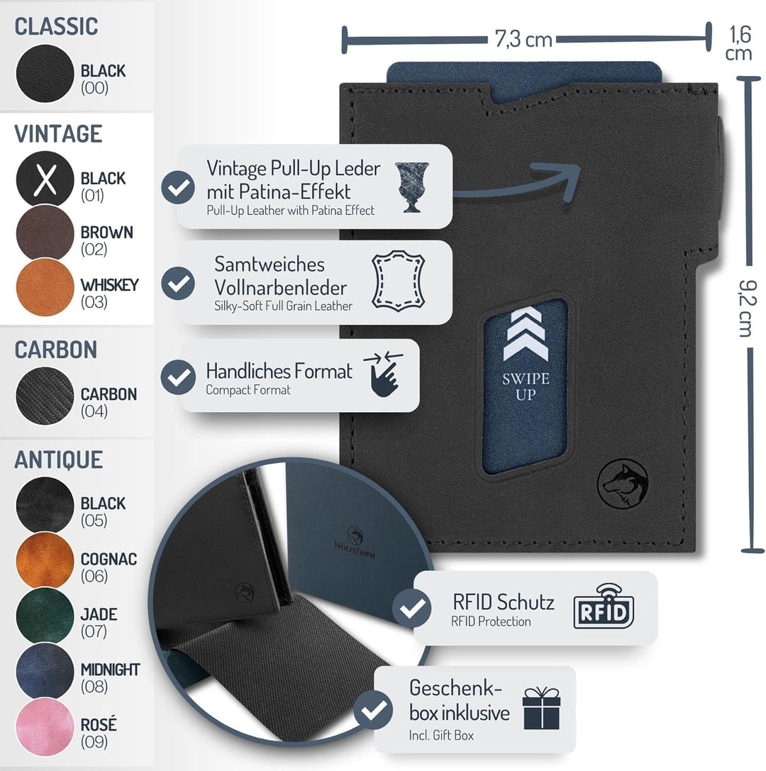 Wolfstrøm Slim Wallet mit Münzfach 'Ludvig' I 7+1 Karten Mini Geldbörse Herren klein, RFID Blocker I