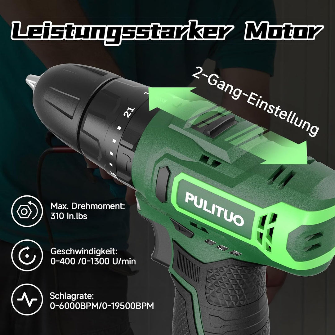 Akku-Schlagbohrmaschine 12 V, PULITUO schlagbohrschrauber set, Akkuschrauber mit 3/8" Metallfutter,