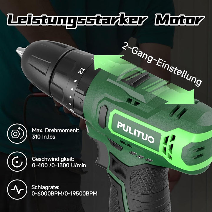 Akku-Schlagbohrmaschine 12 V, PULITUO schlagbohrschrauber set, Akkuschrauber mit 3/8" Metallfutter,