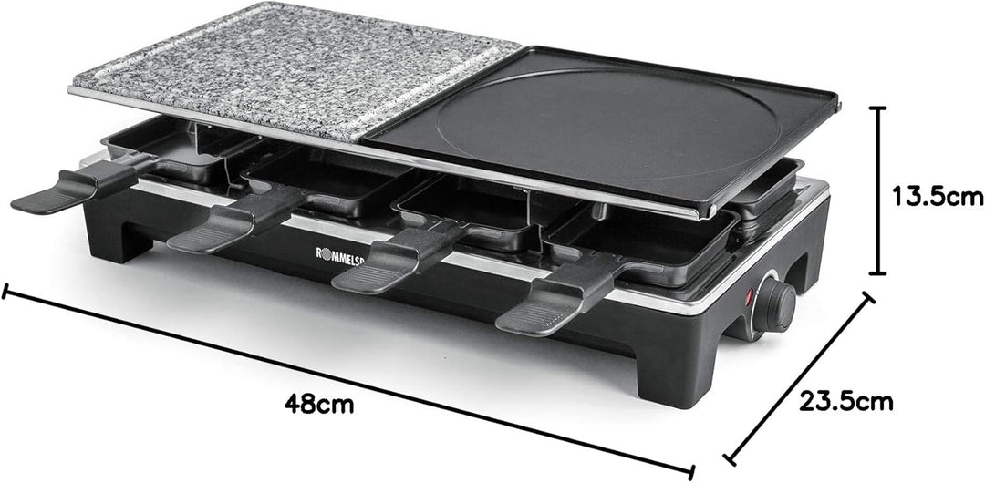 ROMMELSBACHER Raclette Grill RCS 1350 – 2 Wendegrillplatten, 1 Steingrillplatte, 8 Pfännchen, 8 Scha