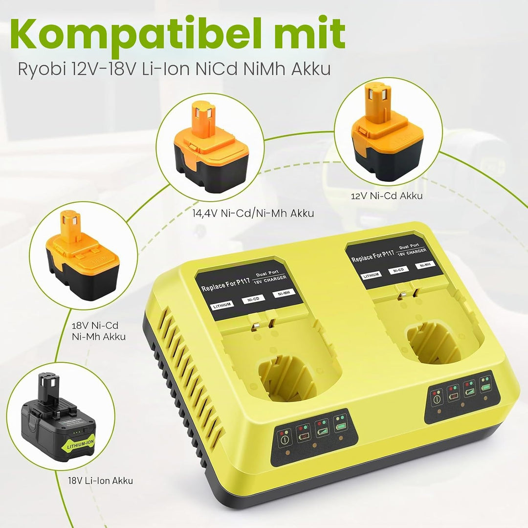 ASUNCELL P117 Dual Port Ladegerät für Ryobi Ladegerät, 18V Ersatz Ladegerät für Ryobi ONE+ P107 P108