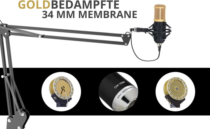 Pronomic CM-100BG Studio Grossmembranmikrofon XLR-Kondensatormikrofon inkl. Popkiller Set (mit Mikro