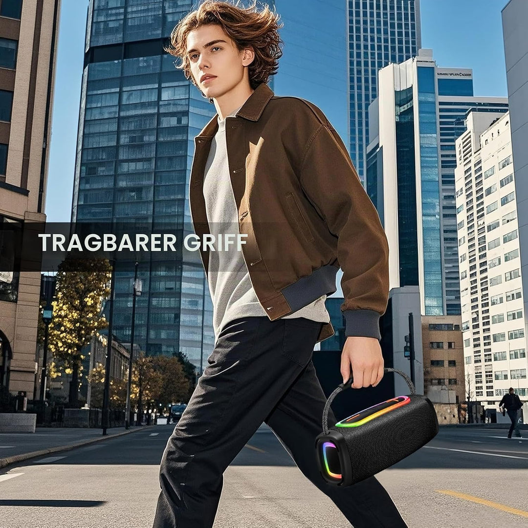 Tragbarer Bluetooth Lautsprecher mit Griff, 66MM Sprecherdurchmesser, BT5.3/24W/IP-X6 Wasserdicht Dr
