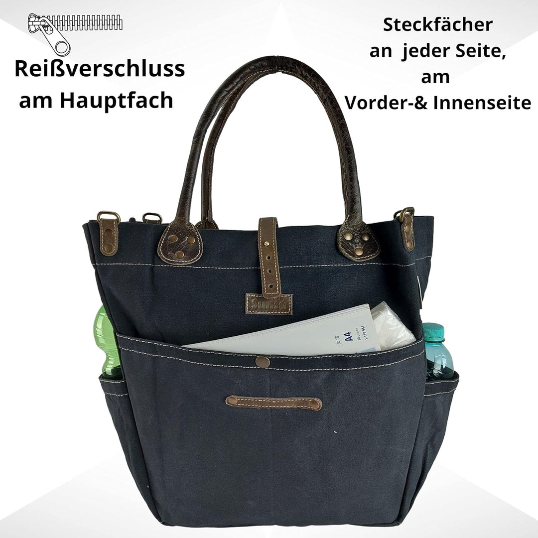 Sunsa Damen gross Handtasche. Shopper aus Canvas & Leder. Schwarze Nachhaltige Schultertasche für Or