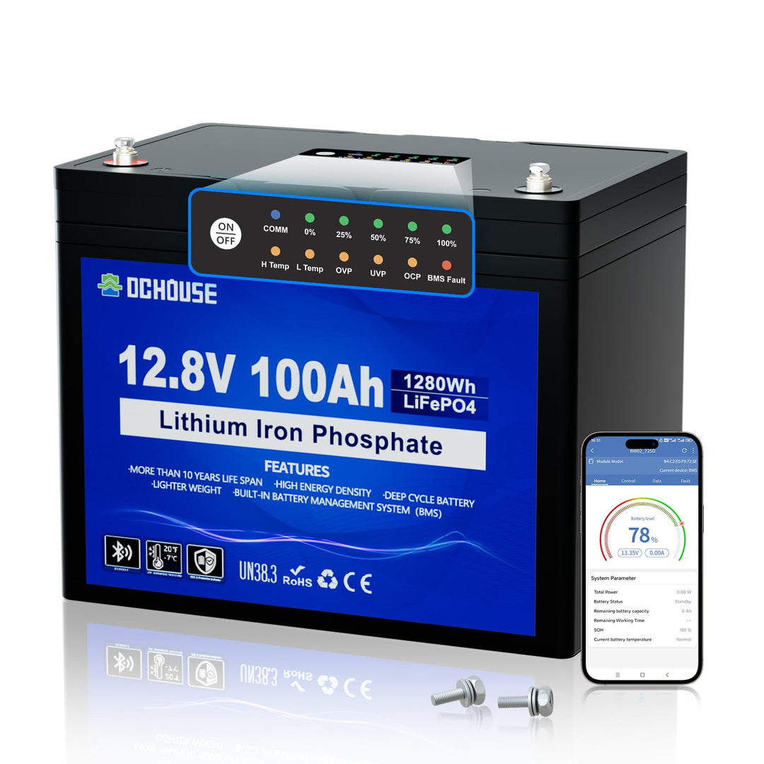 DCHOUSE 12V 100Ah LiFePO4 Bluetooth Lithium Batterie mit SOC-Leuchte und BMS-Anzeige, Niedertemperat