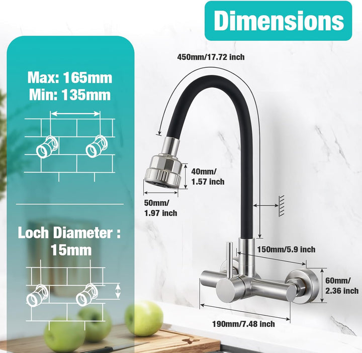CREA Wandarmatur für Küche mit Schwarzer 360° flexibler Silikon Weichschlauch, Einhebelmischer Küche