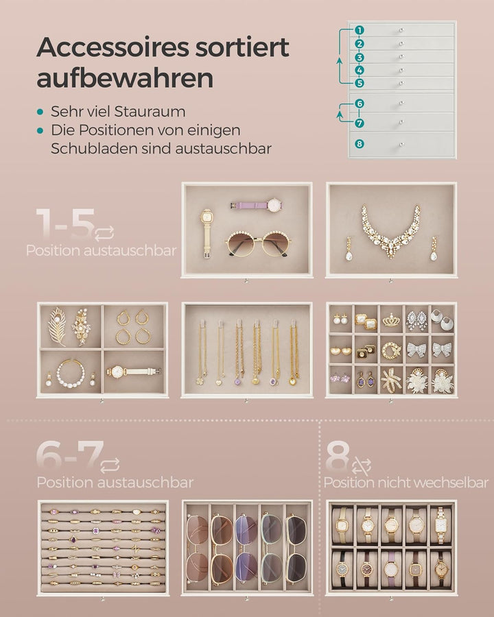 SONGMICS Schmuckkästchen, 8 Ebenen, Schmuckkasten mit Schubladen, Schmuckaufbewahrung geräumig, Schm