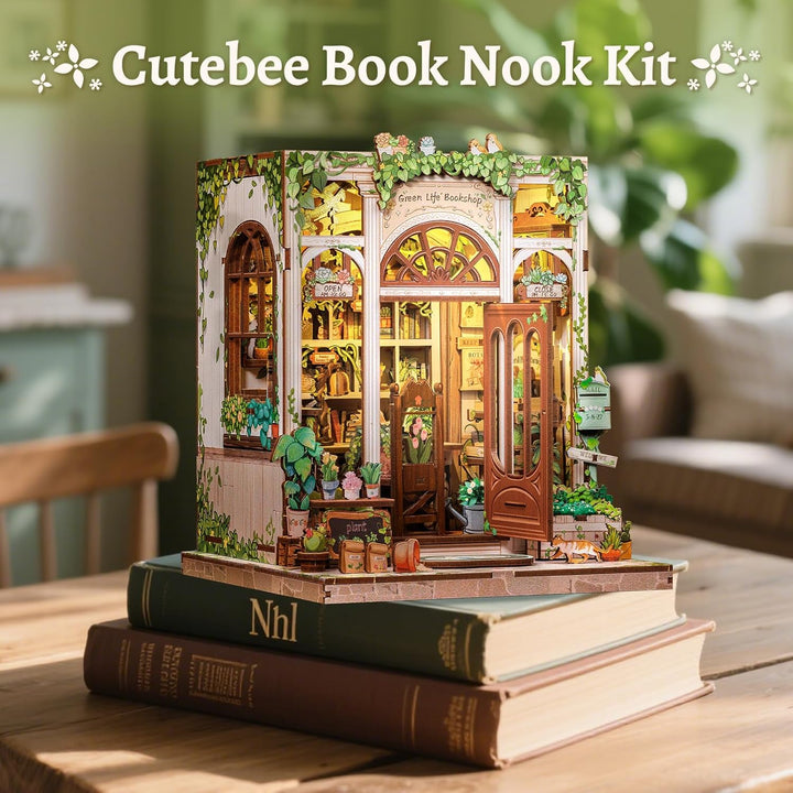 CUTEBEE Book Nook Kit - DIY Holz Miniature House Garten, Miniatur Haus Selber Bauen Bücherregal Deko