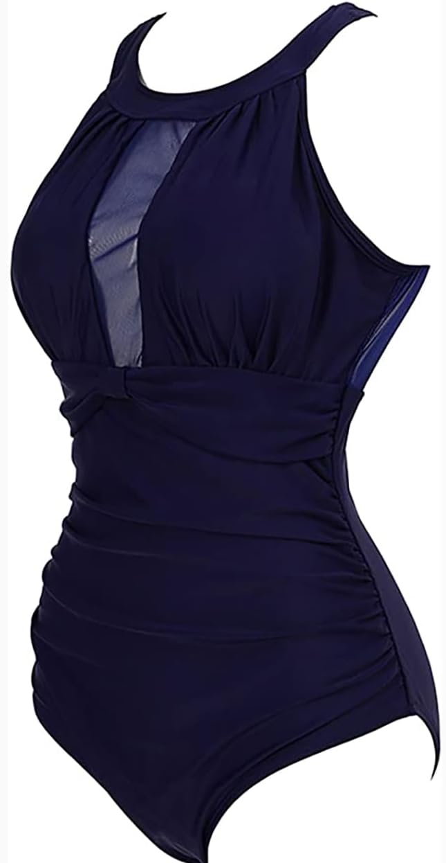 VILOREE Damen Schlankheits Badeanzug Raffung Einteiler High Neck Bademode Strandmode XL Navy, XL Nav