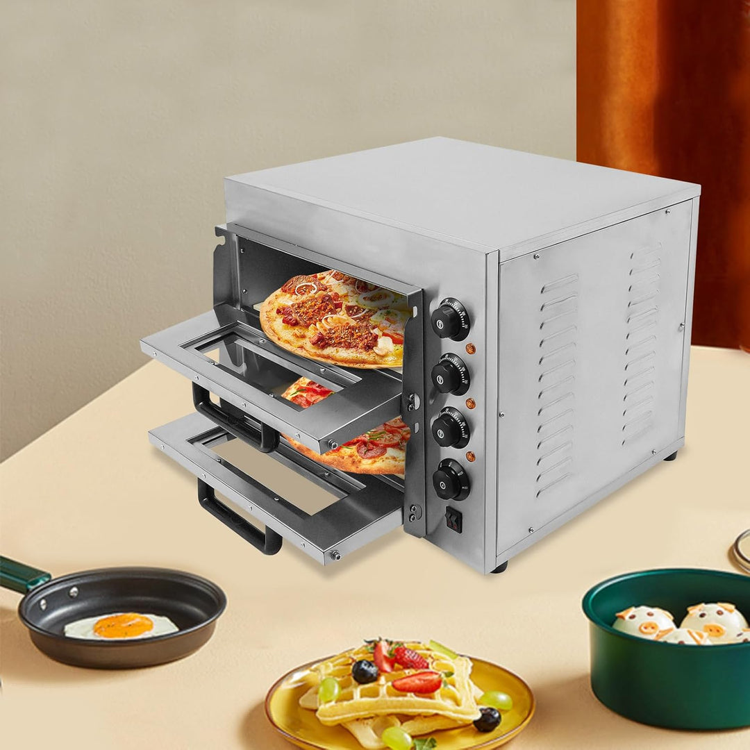 Pizzaofen 2-Etagen 3000W Kommerzieller Pizza-Backofen Einstellbare Temperatur Elektrisch Zeitschaltf