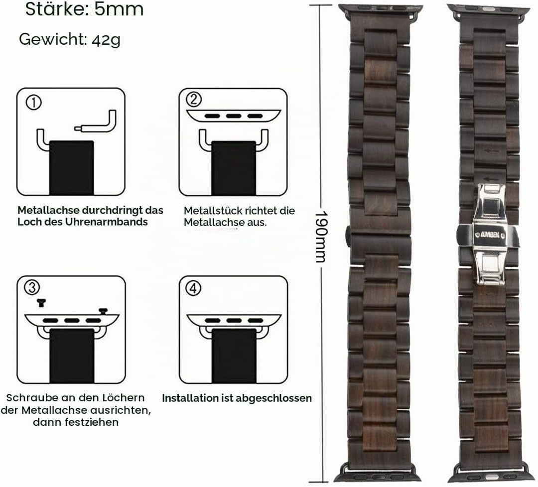 AIYIBEN Uhrenarmband aus Holz 42mm/44mm/45mm/49mm mit Schmetterlingsschnalle aus Edelstahl, kompatib