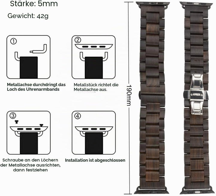 AIYIBEN Uhrenarmband aus Holz 42mm/44mm/45mm/49mm mit Schmetterlingsschnalle aus Edelstahl, kompatib