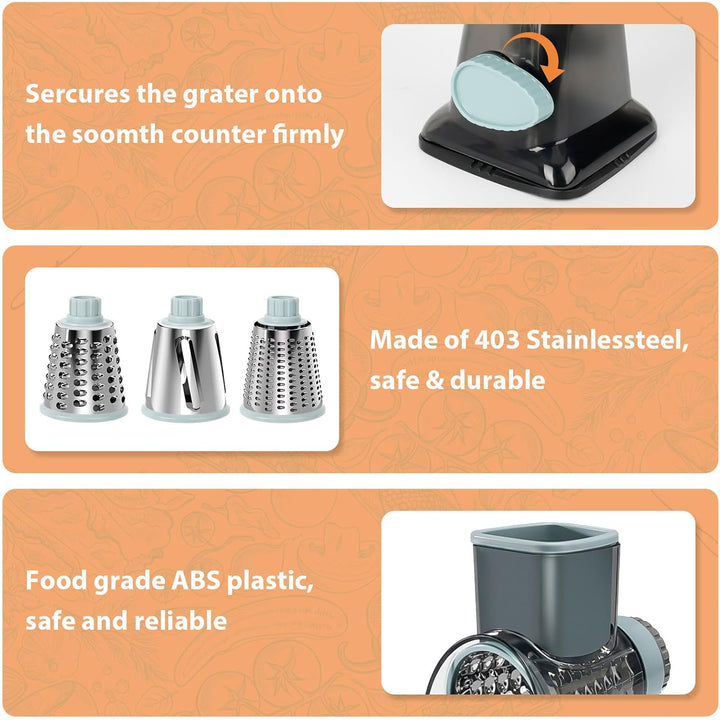 Cheese Grater, Käsereibe mit Kurbel, Trommelreibe, Gemüsehobel Reibe mit 3 Trommelklingen, manuell r