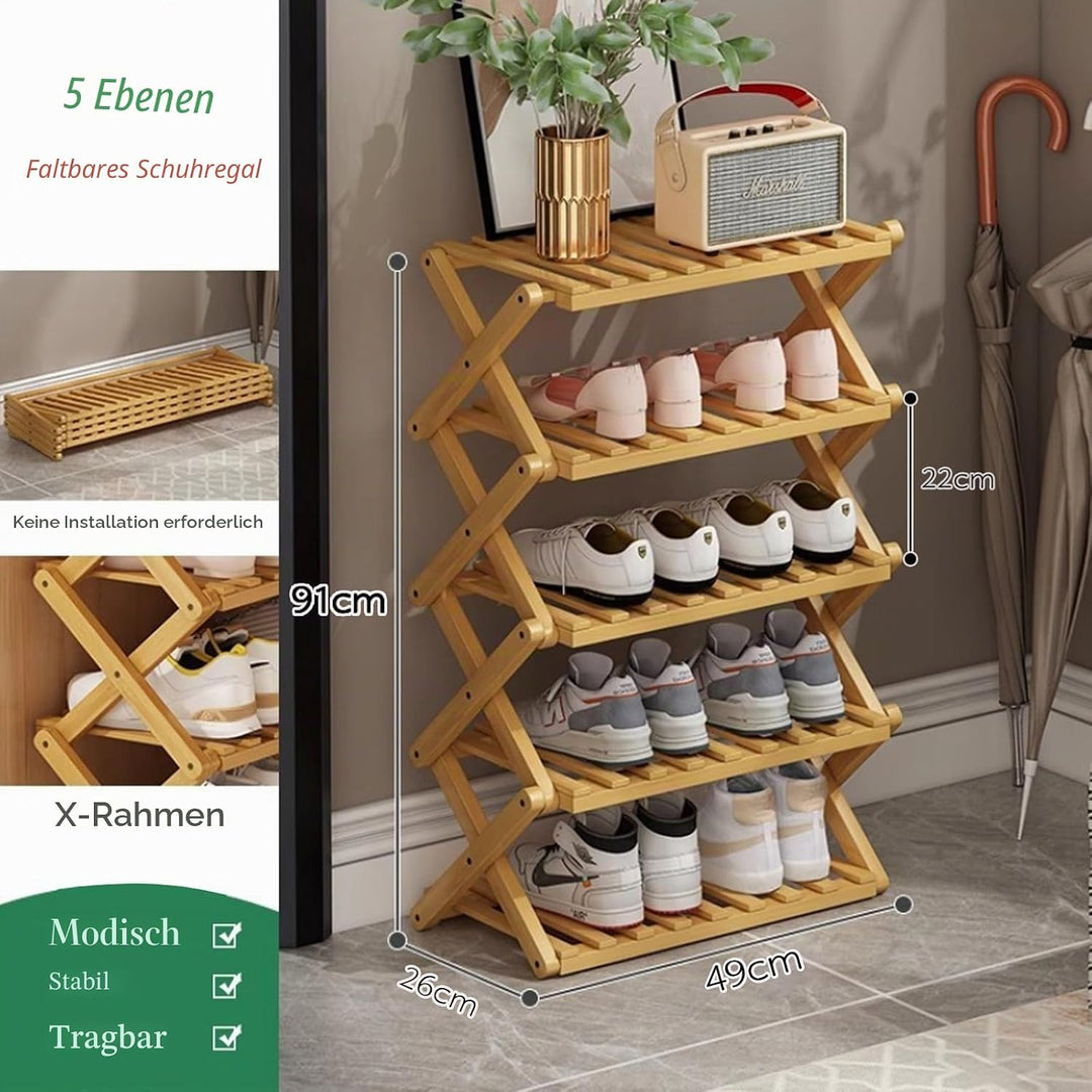 Schuhregal aus Bambus mit 5 Ebenen, tragbar, zusammenklappbar, ohne Installation, kleines Schuhregal