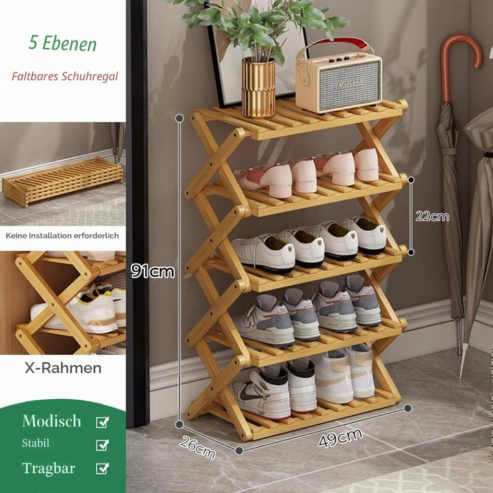 Schuhregal aus Bambus mit 5 Ebenen, tragbar, zusammenklappbar, ohne Installation, kleines Schuhregal