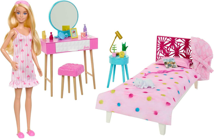 BARBIE Schlafzimmer-Spielset - Puppe, Bett, Schminktisch, Kätzchen und 20 Zubehörteile kreatives Spi