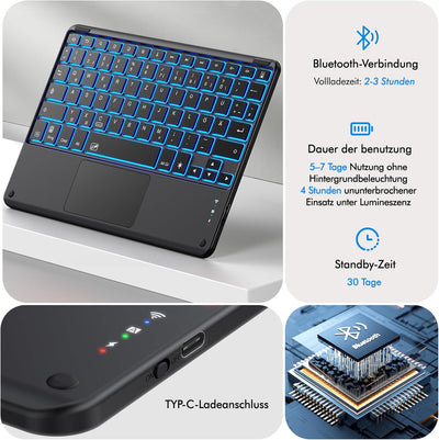 INFILAND für Samsung Galaxy Tab A9+/A9 Plus Hülle mit Tastatur [Hochpräzises Touchpad], 360° Drehbar