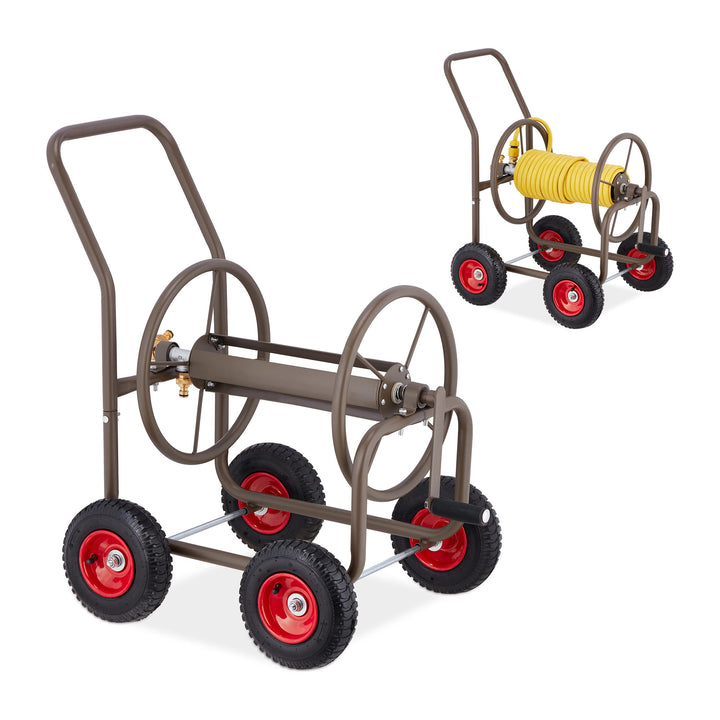 Relaxdays Schlauchwagen, bis 60 m Schlauch, 4 Lufträder, Klickkupplung, Schlauchtrommel Metall, Schl
