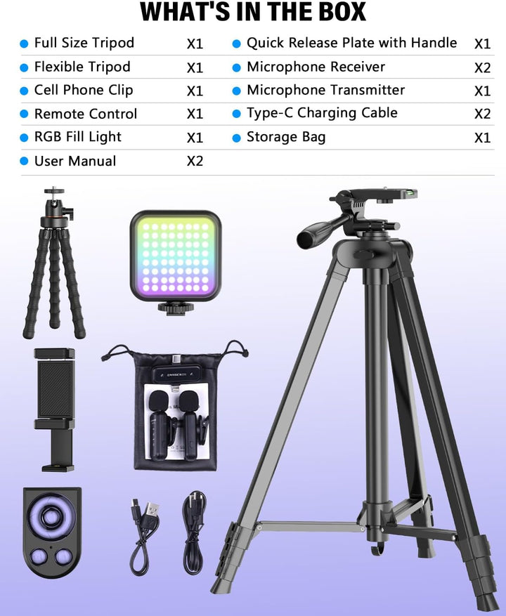 Vlogging Kit für iPhone/Android, YouTube Starter Kit mit kabellosem Mikrofon/Kamerastativ/Flexibles