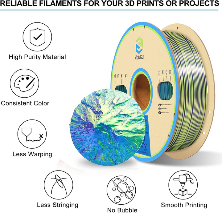 YOUSU Dreifarbiges PLA Filament,3D Drucker Filament 1,75 mm (± 0,03 mm), Seiden Blau/Lila/Gelb Dreif