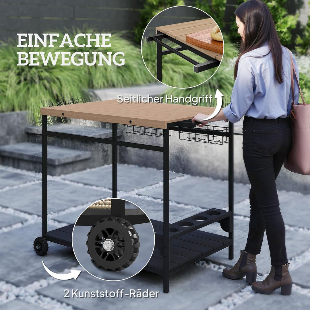 Outsunny Servierwagen, Gartenrollwagen mit 2 Ebenen, Barbecue Trolley mit Aufbewahrungskorb, Outdoor