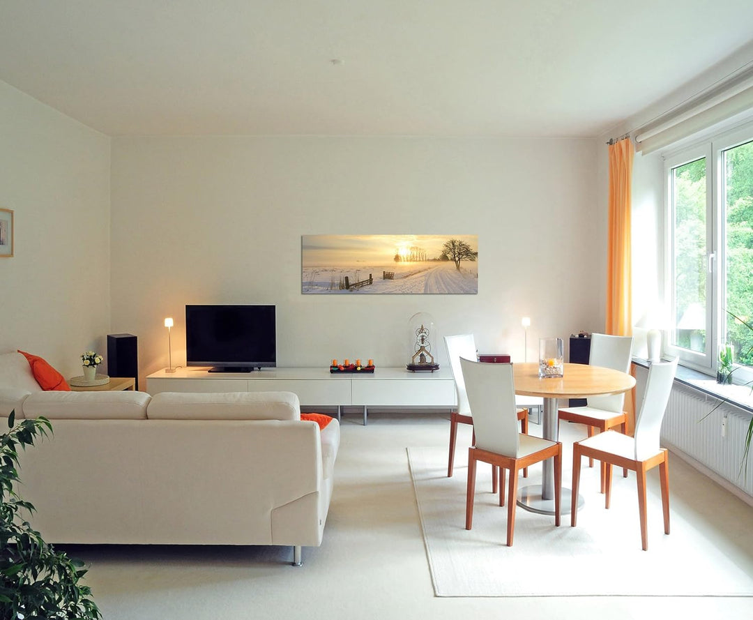 Paul Sinus Art Panoramabild auf Leinwand und Keilrahmen 150x50cm Winterlandschaft Sonnenuntergang Ne
