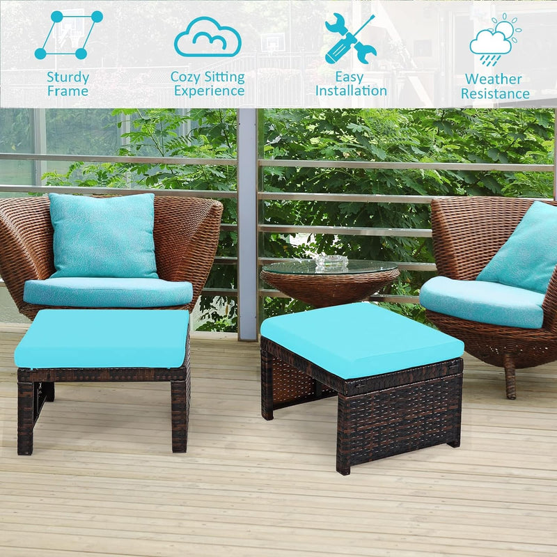 GIANTEX Rattan Hocker Fusshocker 2er Set Outdoor, Ottomanen Rattan mit Kissen, Gartenhocker Balkon H