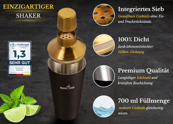 FLAMINGO® Edelstahl Cocktail Set 11tlg. – 700 ml Cocktail Shaker Set mit Ständer und Bar Zubehör, Co