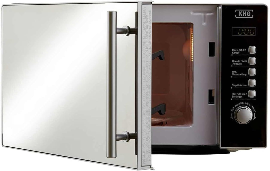 KHG Mikrowelle MW-20GSD mit Grill 20l aus Edelstahl, schimmert je nach Lichtreflex schwarz oder silb