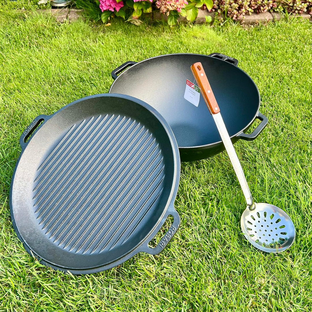 ROBARI Gusseisen Kasan 12 L mit GRILLDECKEL + Schaumlöffel KAZAN Wok Gulaschkessel