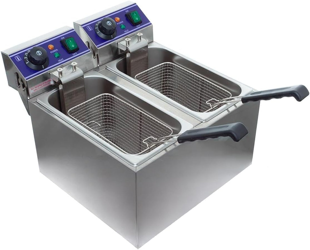 Elektro-Doppelfritteuse 16L Edelstahl – 2 x 8L Kammern, je 2000W – Profi Fritteuse mit Temperaturreg