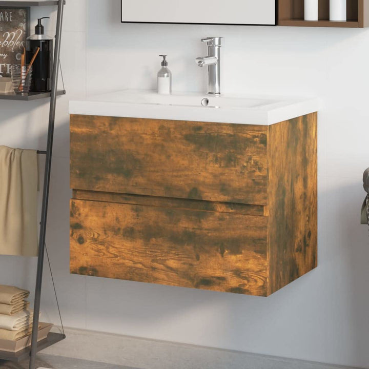 WIFESE Waschbeckenschrank mit Einbaubecken & Wasserhahn 61x39x18,5 cm Räuchereiche Holzwerkstoff Was