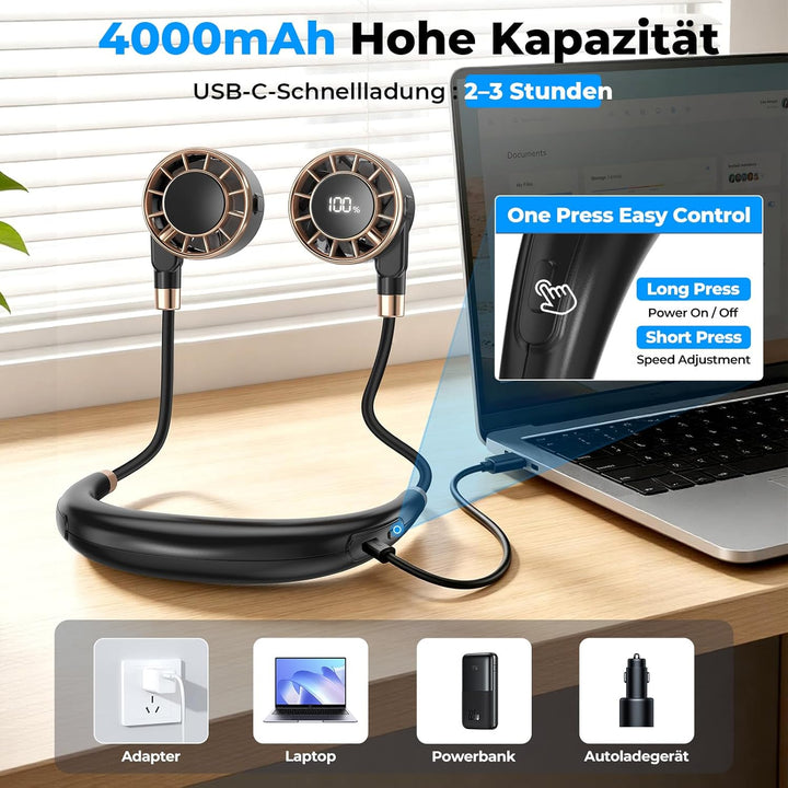 Nackenventilator, 4000mAh Tragbarer Halsventilator, 6 Stufen & 360° Luftstrom, 5-16 Stunden,Extrem L