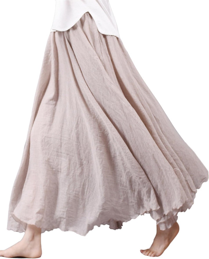 Damen Maxirock Baumwolle Lange Rock Tellerrock Doppelt Schicht Elastischer Bund 34-42 Beige (Rock Lä