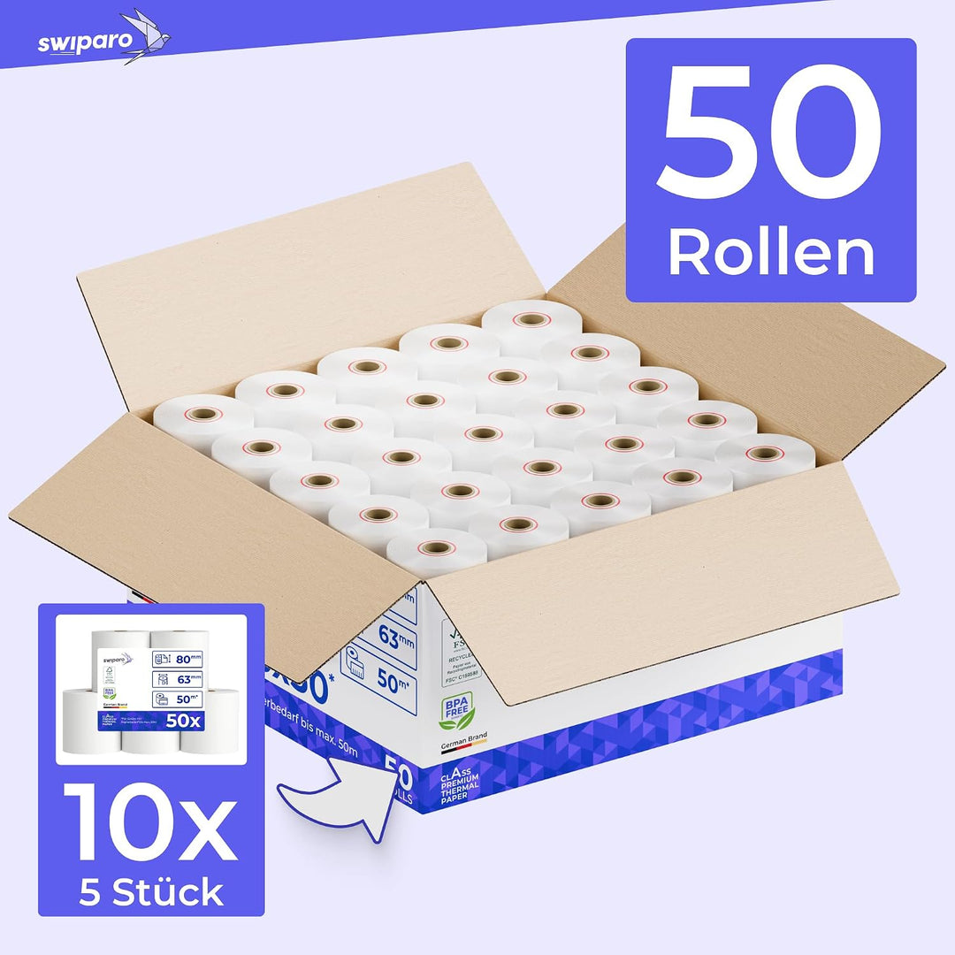 SWIPARO - Thermorollen 80mm x 50m x 12mm - Kassenrollen - Bonrollen zertifiziert für Registrierkasse