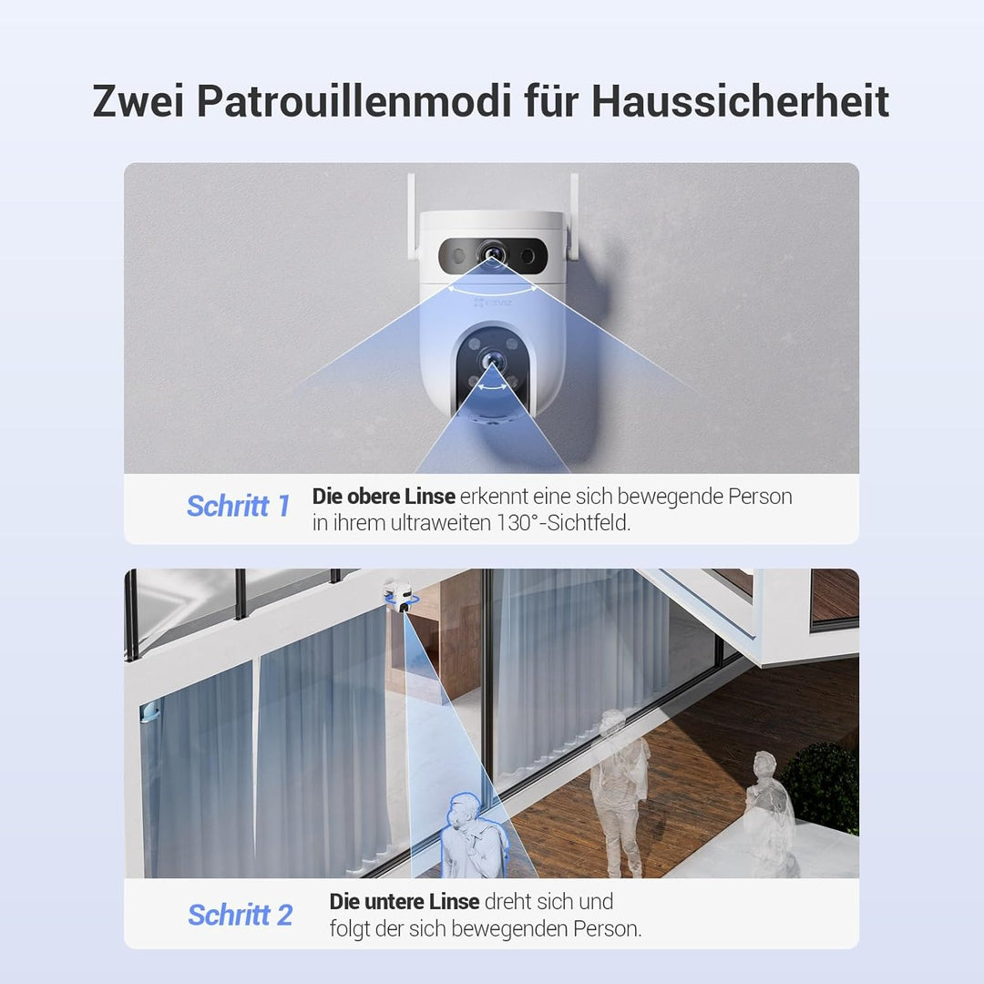 EZVIZ 2K+2K Dual-Lens Überwachungskamera aussen, WLAN PTZ Kamera mit KI Personen-/Fahrzeugerkennung,