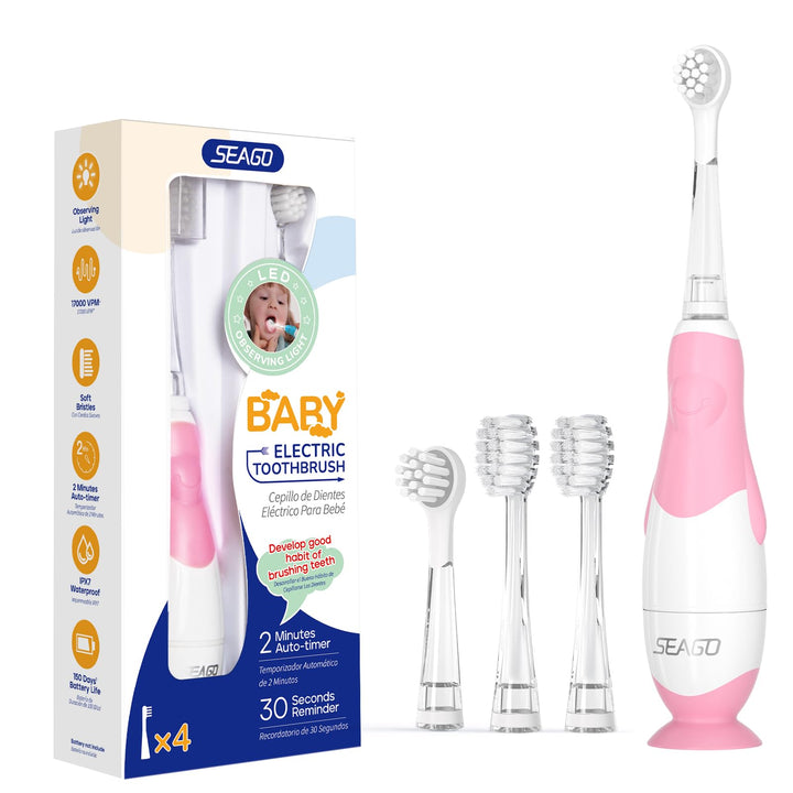 Seago Elektrische Zahnbürste Kinder Baby Zahnbürste ab 0 1 2 3 Jahr, mit LED Licht, Runder Weich Ers