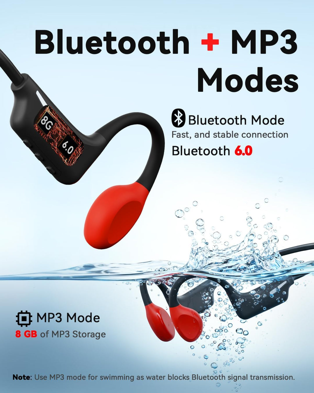 MONODEAL Knochenschall Kopfhörer Schwimmen Bluetooth 6.0 IP68 Unterwasser 32G MP3 Open-Ear Bone Cond