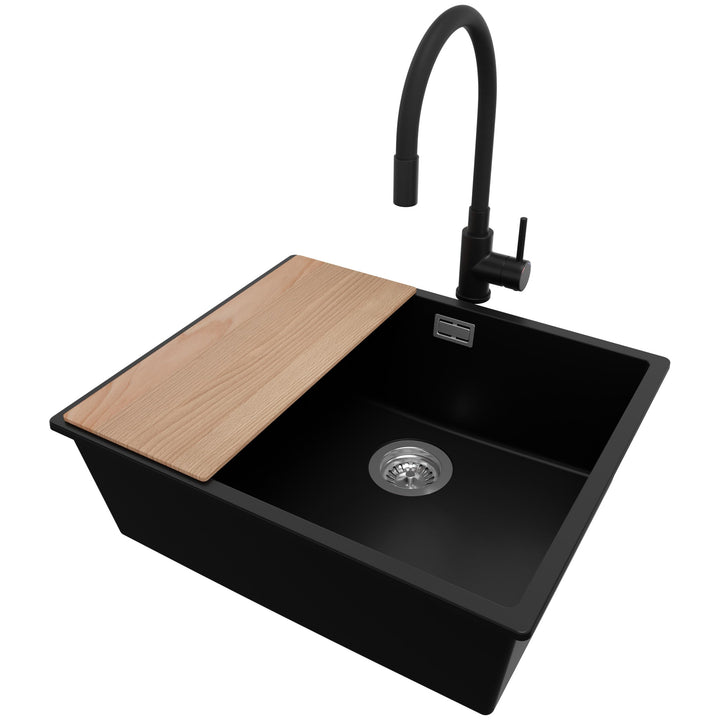 PRIMAGRAN Granitspüle Schwarz 56x47cm, Spülbecken 1 Becken + Ablauf-Set + Küchenarmatur 40x13cm + Sc