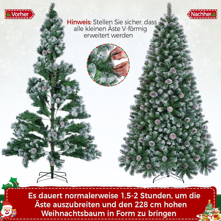 Yaheetech 228 cm künstlicher Weihnachtsbaum mit Schnee und 82 Kiefernzapfen (Ø ca.132 cm) 1346 Spitz