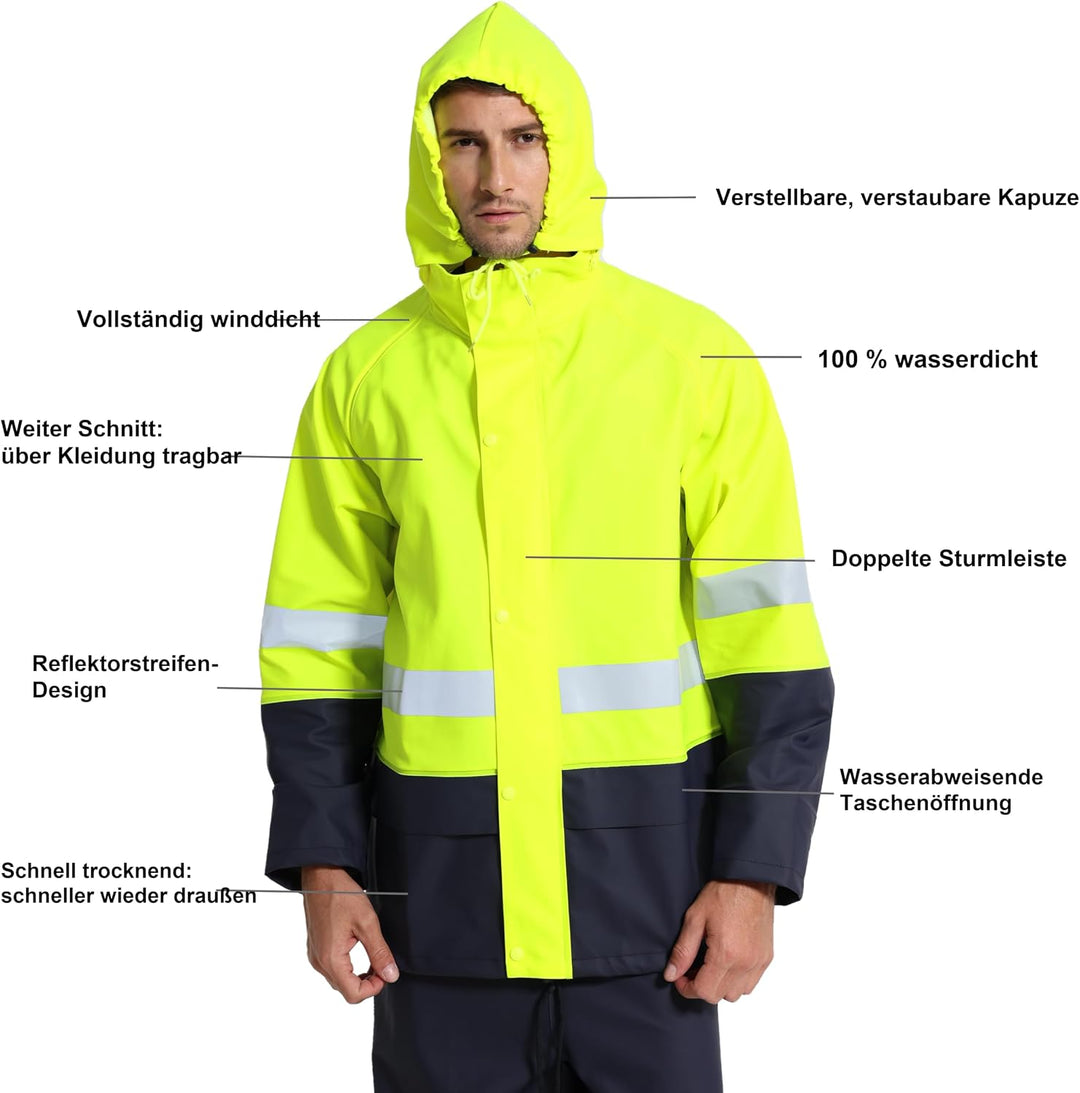 Regenanzug Herren Warnschutz Wasserdicht - PU Regenjacke & Latzhose, Regenbekleidung mit 360° Reflek