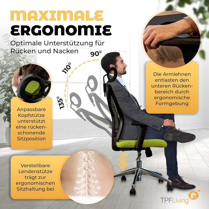 Bürostuhl Zeus (Grün) – Bürostuhl ergonomisch und komfortabel inkl. Verstellbarer Lordosenstütze & k