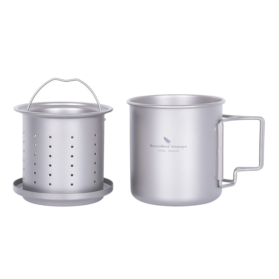 iBasingo 420ml / 14.2 fl oz Titan Becher mit Teesieb und Deckel Leichte Tasse mit Filter Outdoor Cam