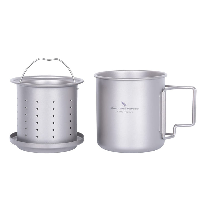 iBasingo 420ml / 14.2 fl oz Titan Becher mit Teesieb und Deckel Leichte Tasse mit Filter Outdoor Cam