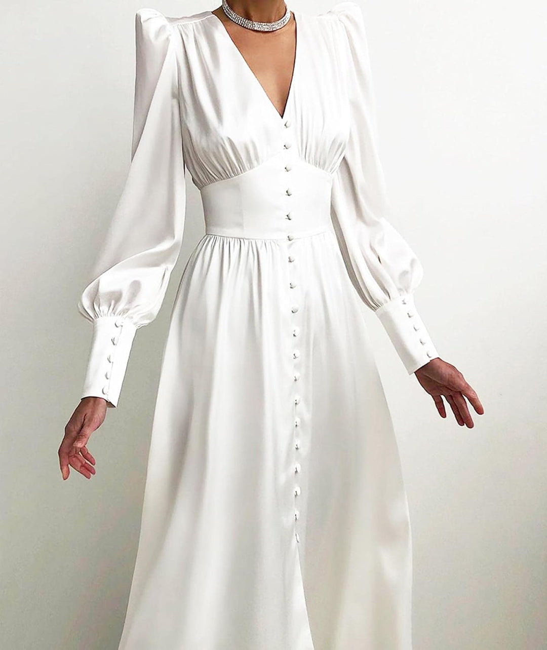 xxxiticat Damen Langarm Satin Maxikleid Lange Laternenärmel Knopfleiste Rüschen Einreihig Vintage Pu