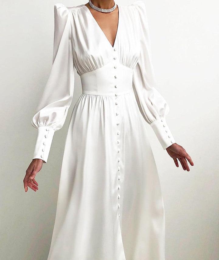 xxxiticat Damen Langarm Satin Maxikleid Lange Laternenärmel Knopfleiste Rüschen Einreihig Vintage Pu