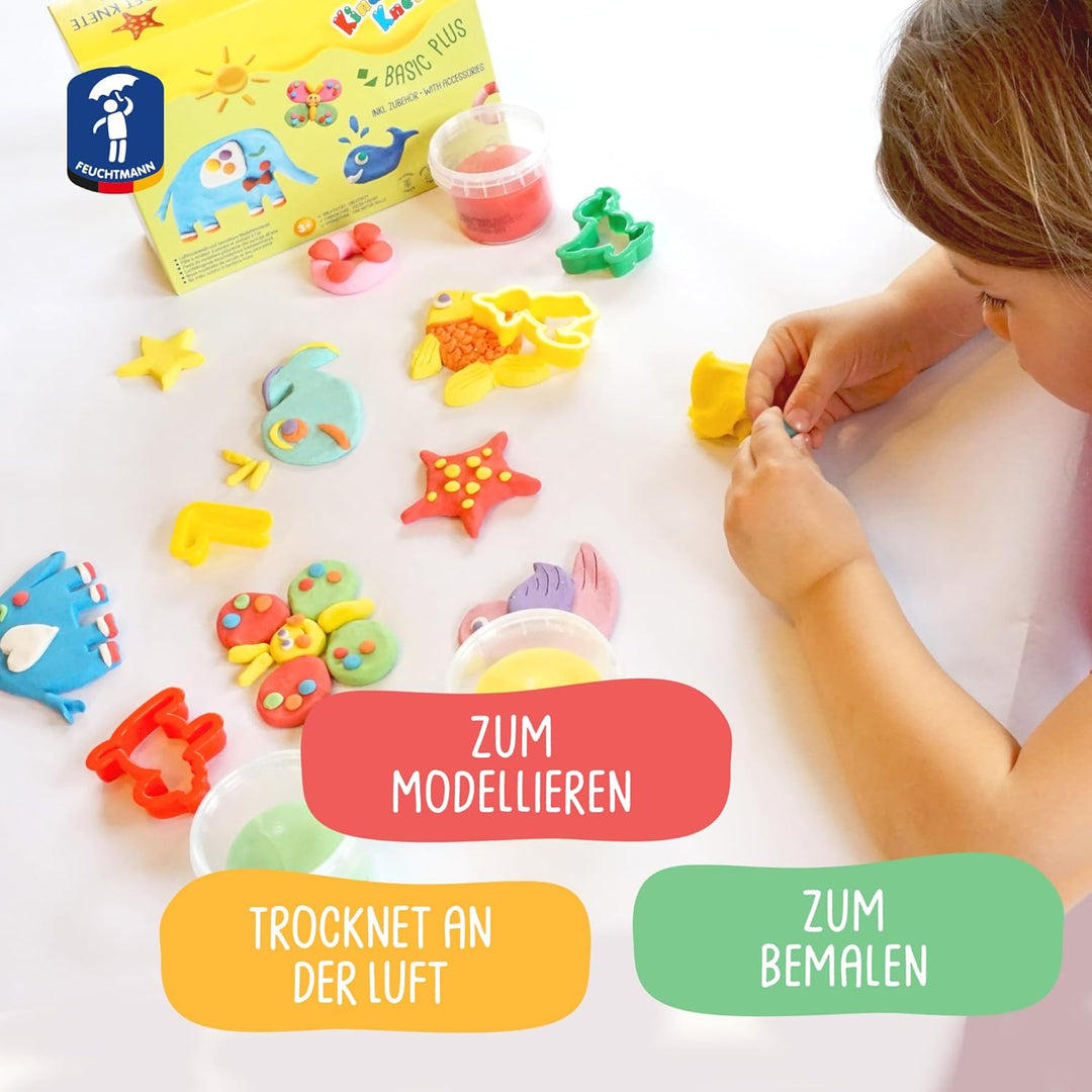 Feuchtmann KINDER SOFT KNETE Basic Plus - 6 x 150g weiche Kinderknete mit Zubehör, ungiftig, vegan u